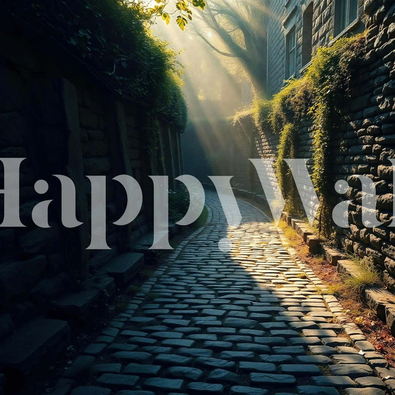 Sunlit cobblestone alley wallpaper in a room