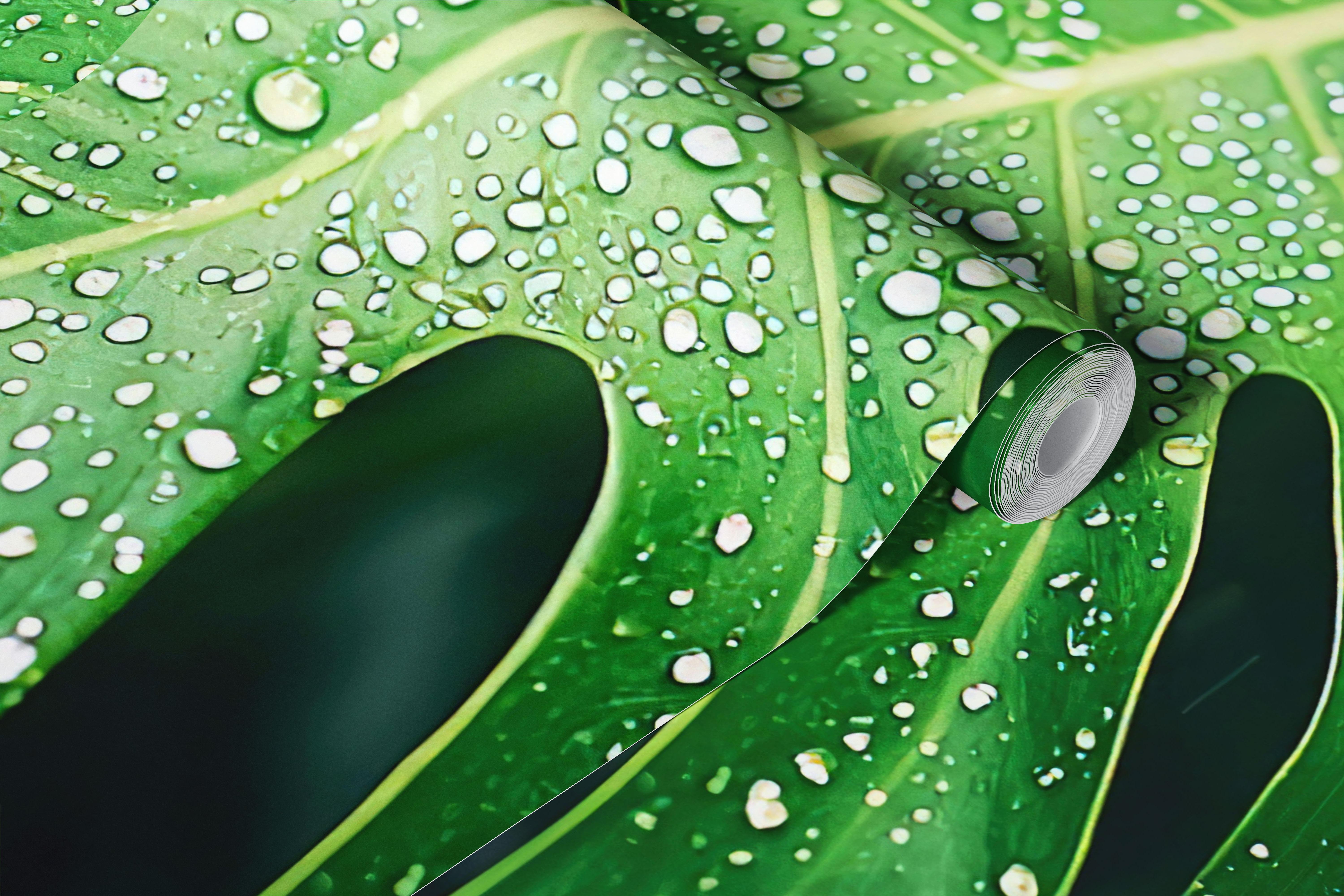 Green monstera leaf wallpaper in a room