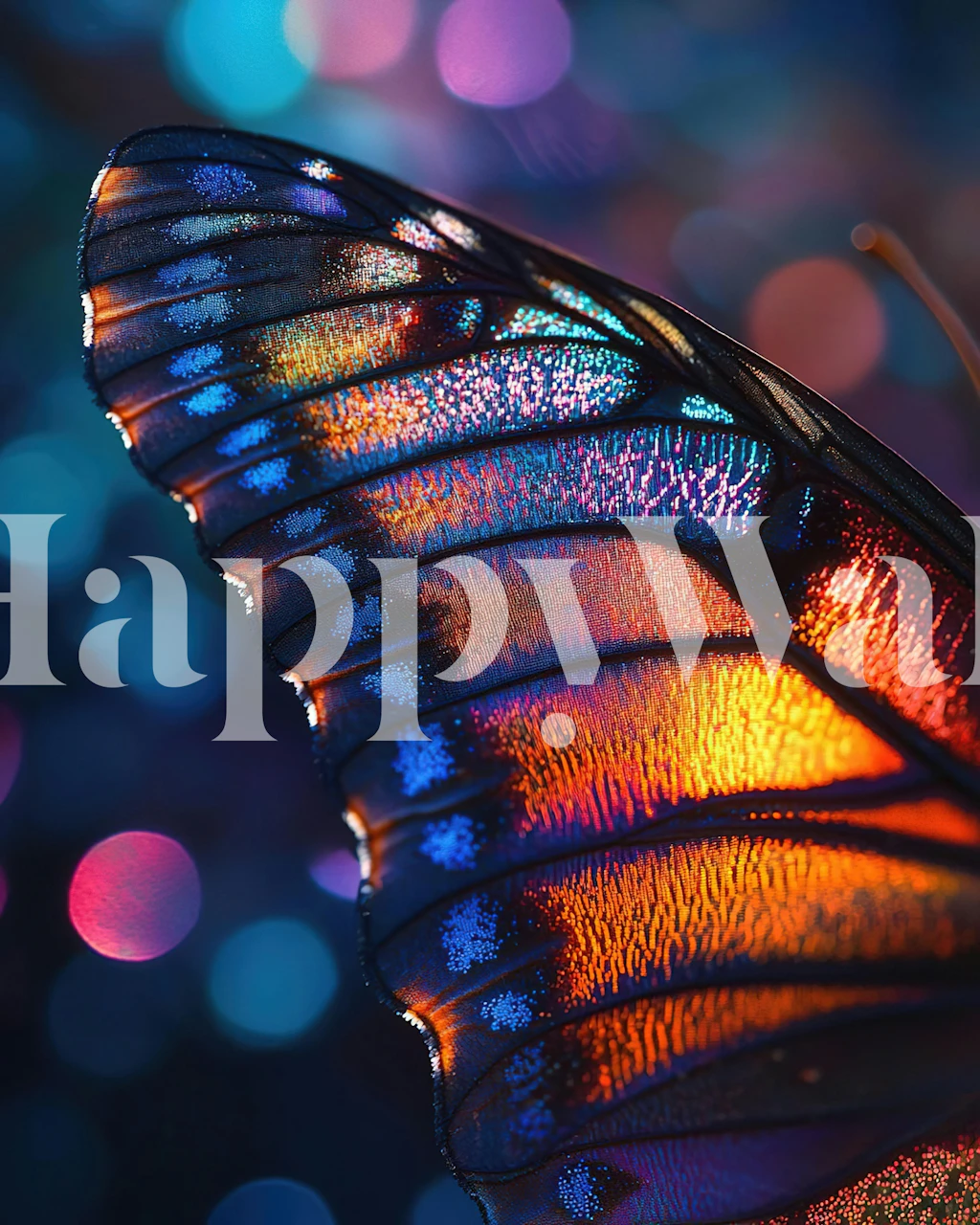 Iridescent butterfly wing wallpaper in a room
