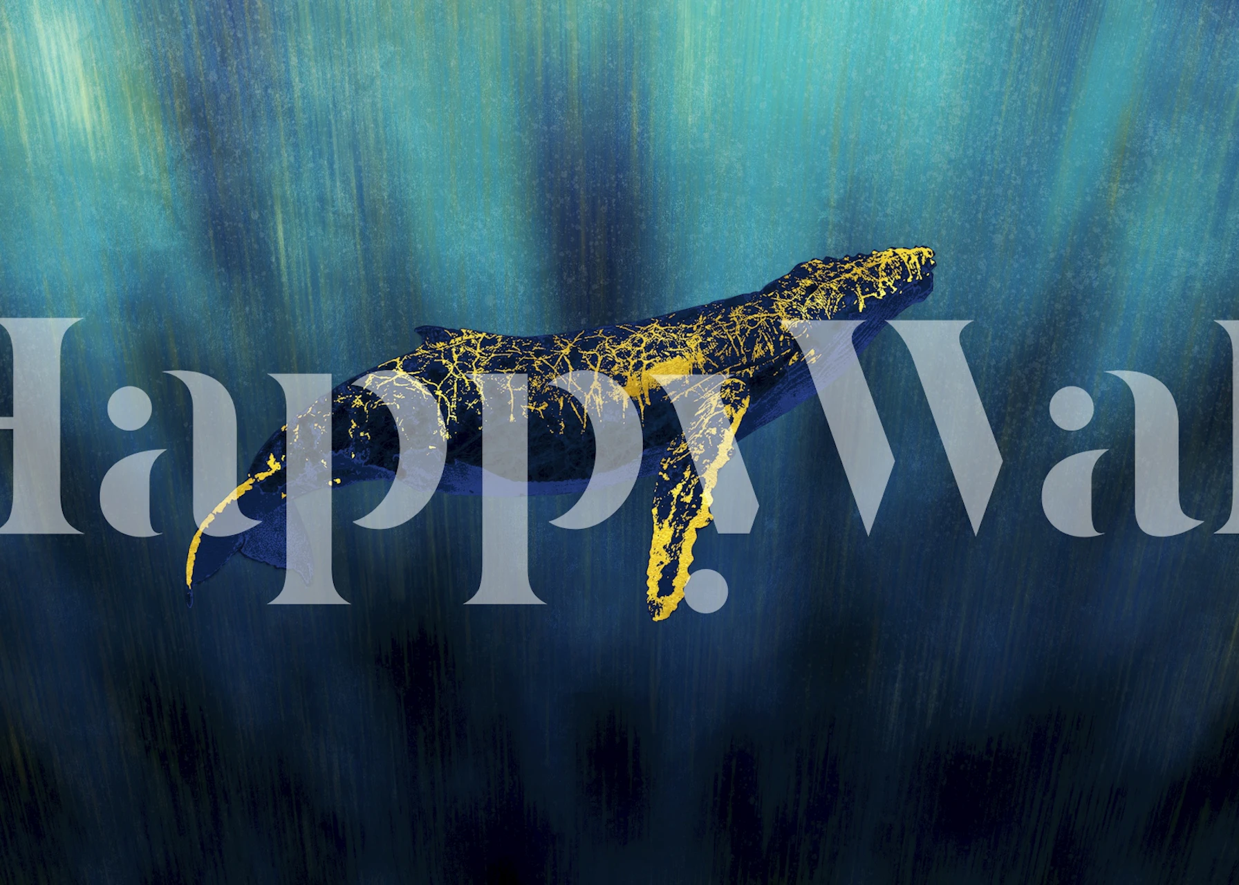 Golden whale wallpaper in a blue room