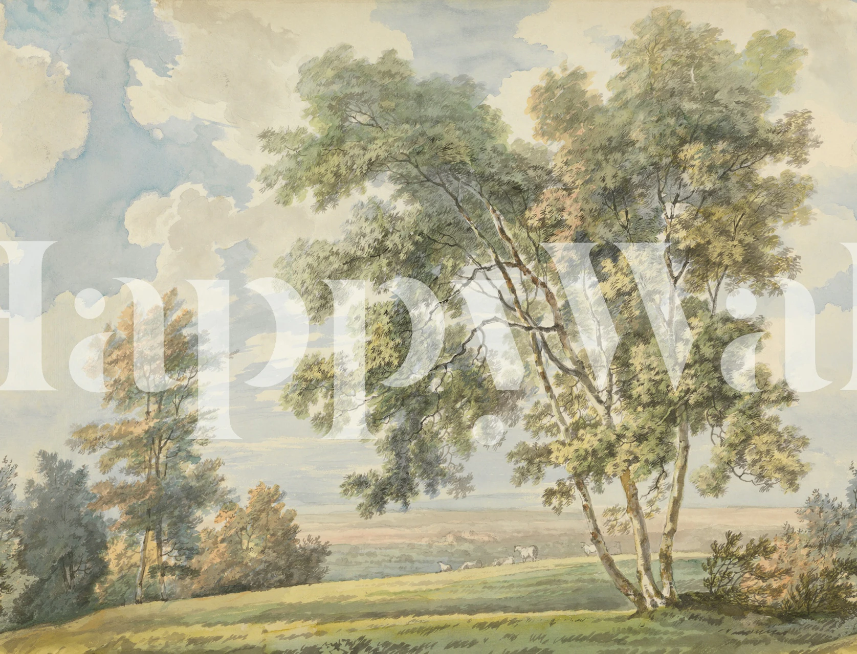 Pastoral landscape wallpaper in a room