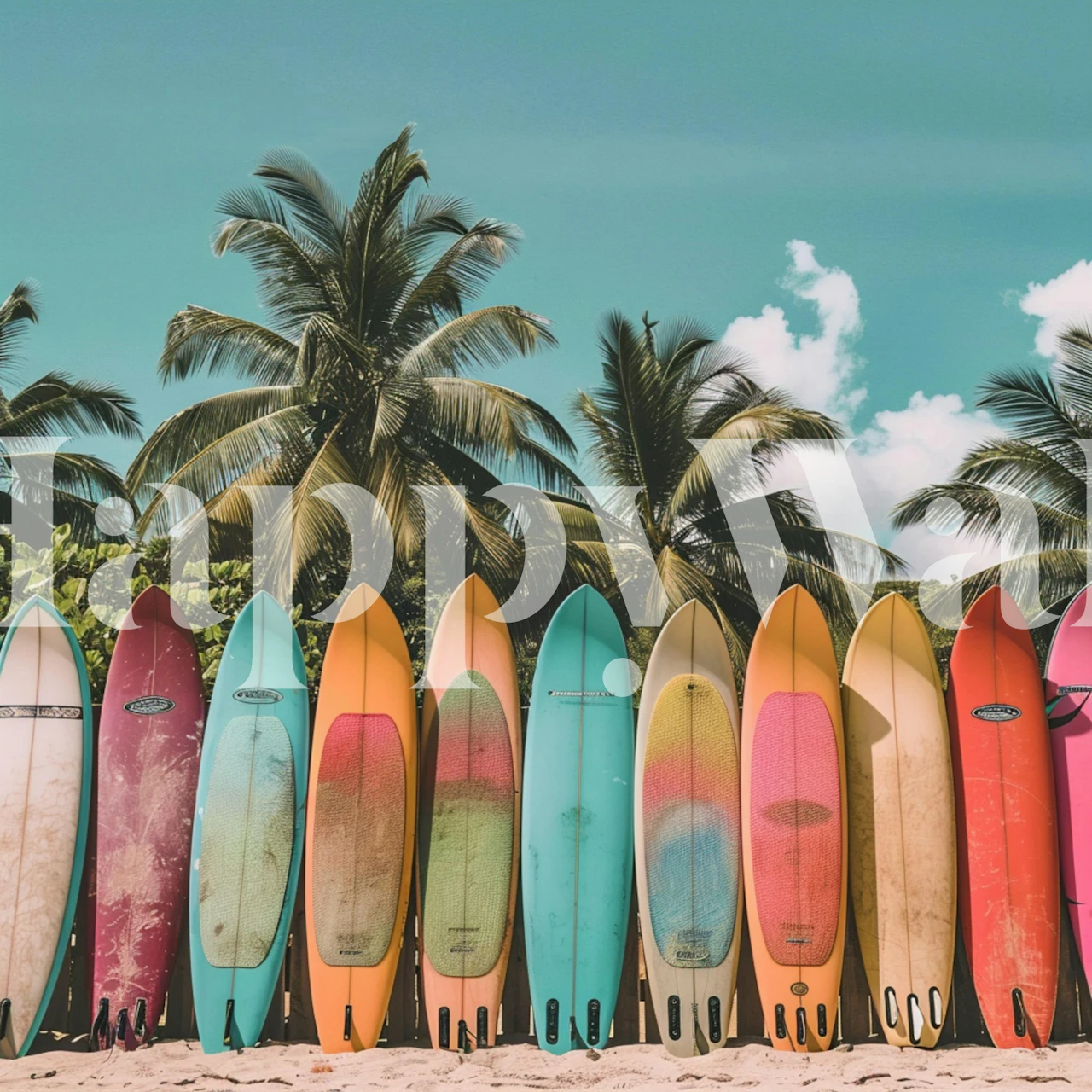 Colorful surfboard wallpaper in a tropical room