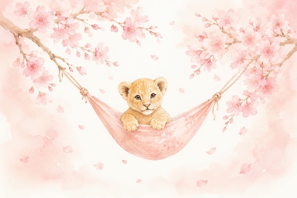 Lion Cub Under Sakura Blossoms