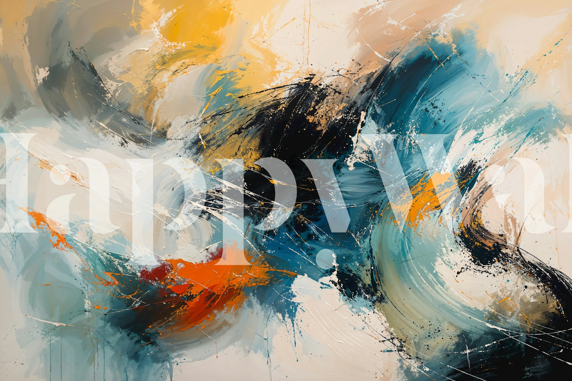 Abstract teal and amber wallpaper in a modern room