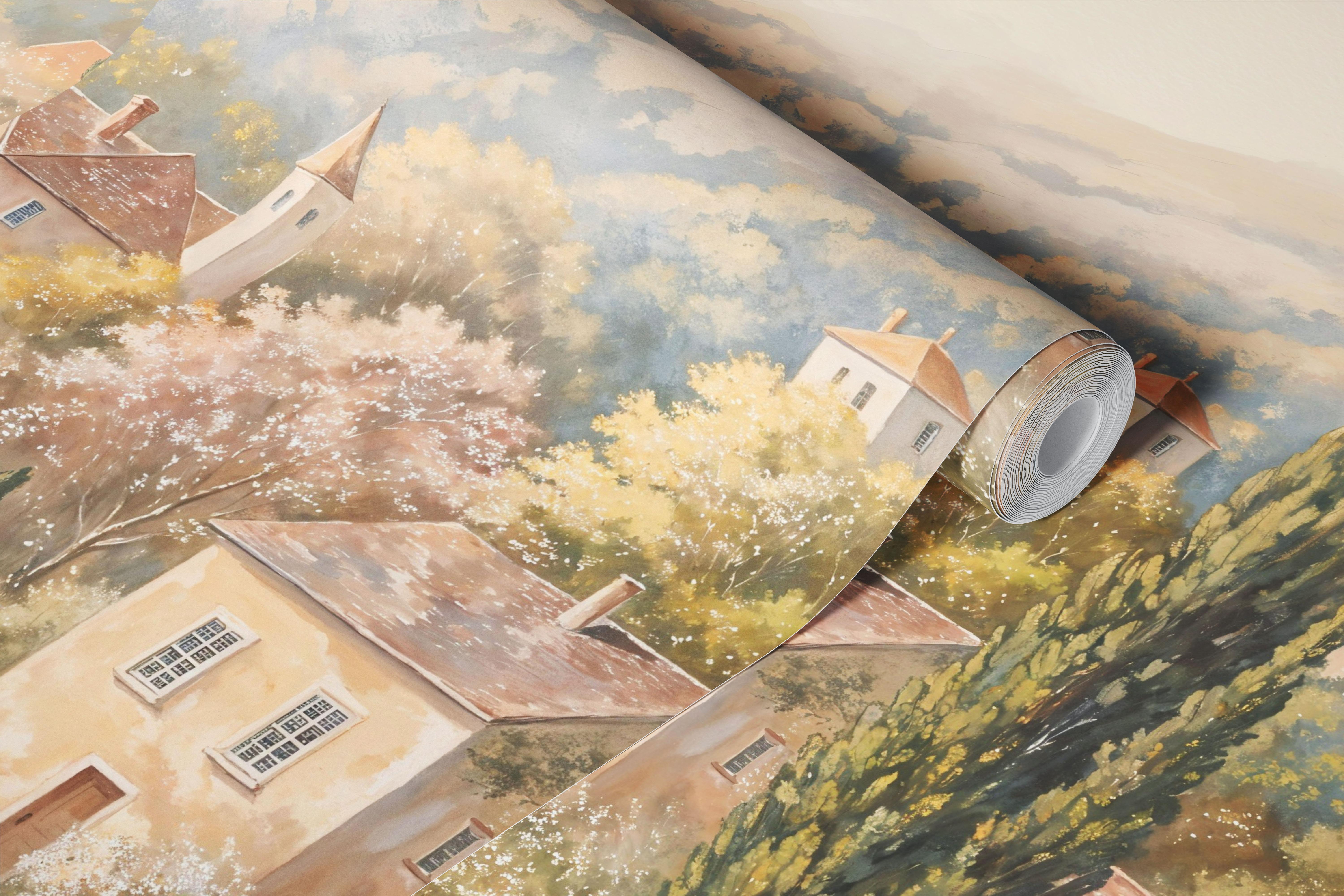 Cozy hill town wallpaper in a bright room