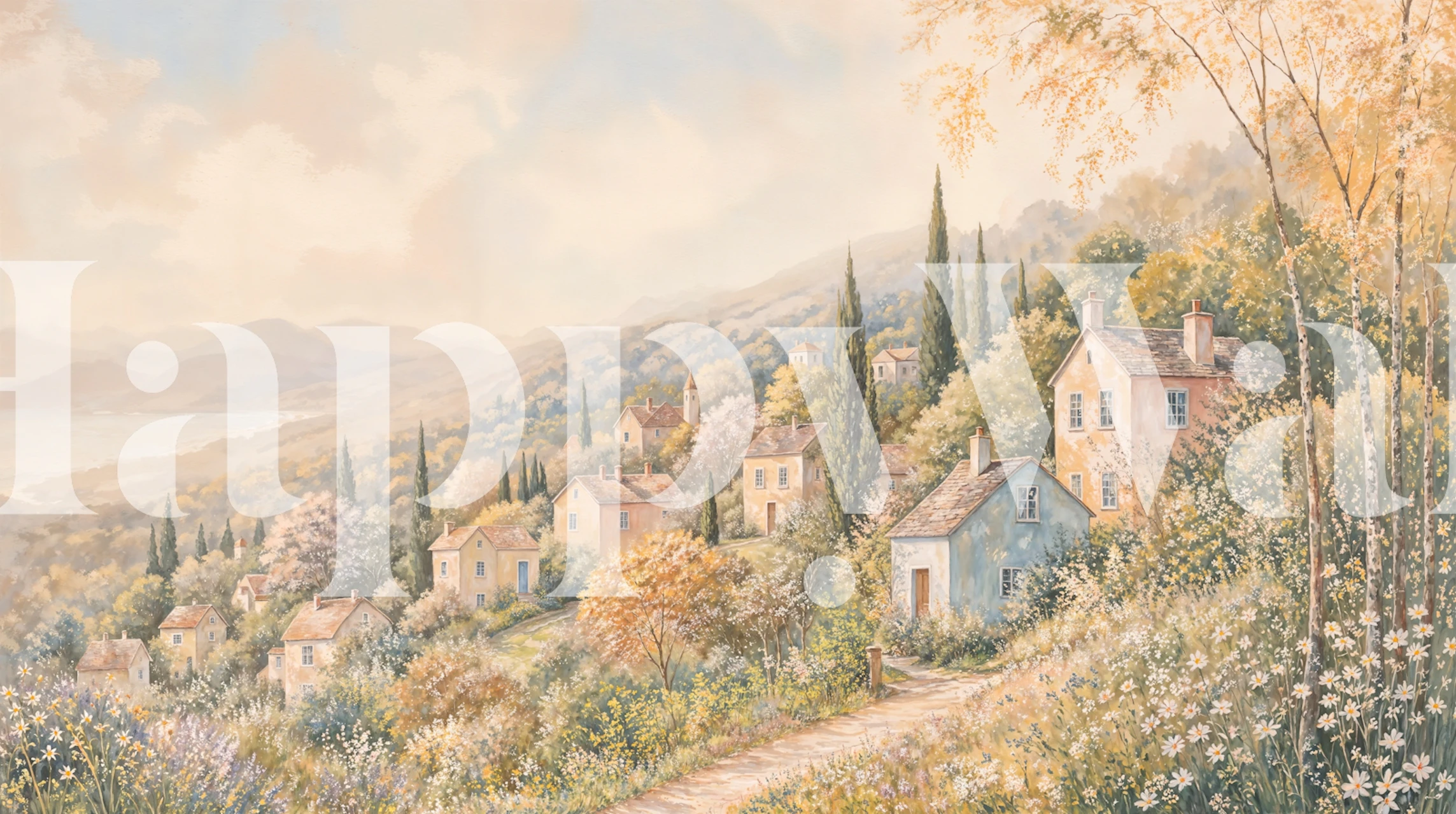 Cozy hill town wallpaper in a bright room