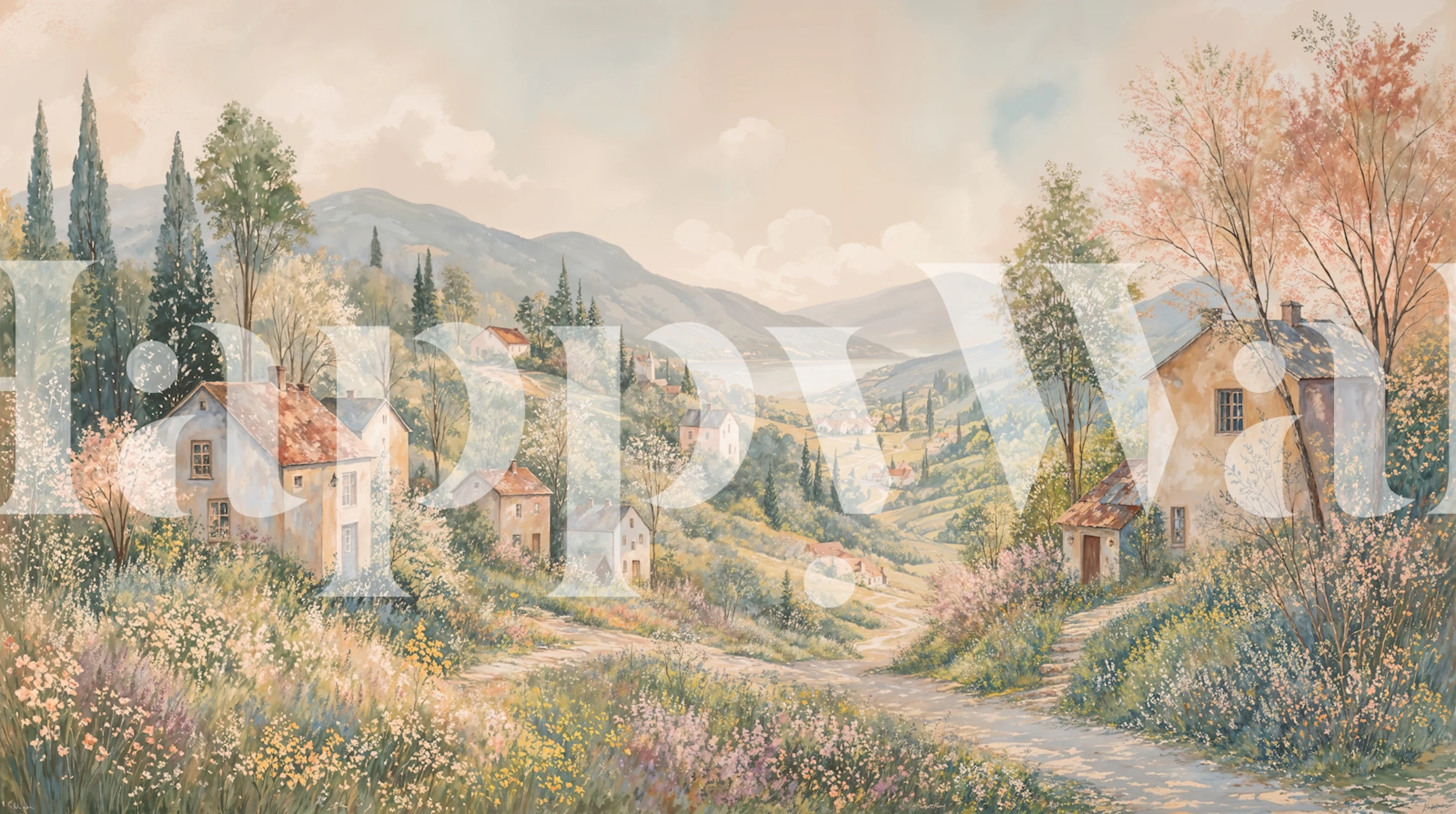 Spring meadow path wallpaper in a cozy room