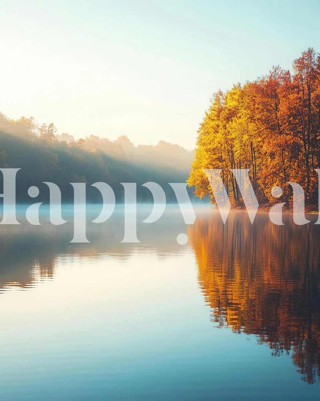 Misty autumn lake wallpaper in a bright room