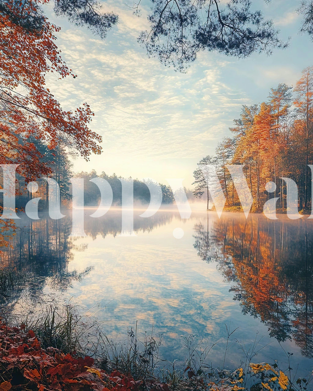 Autumn lake reflection wallpaper in a room