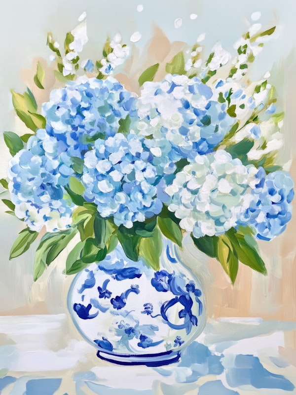 Blue Hydrangeas in Porcelain Vase