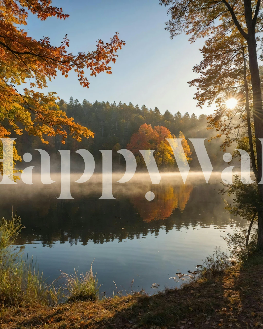 Autumn lake reflection wallpaper in a room