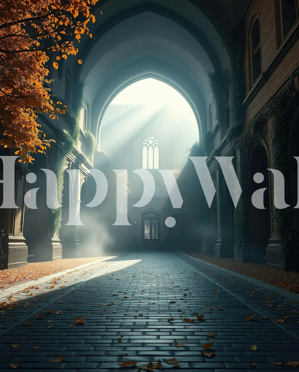 Gothic courtyard wallpaper in a dark room