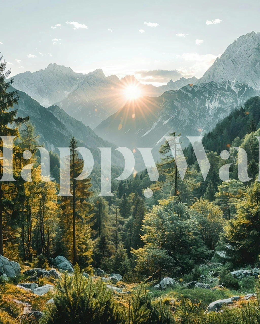 Sunlit alpine mountain valley wallpaper in a room