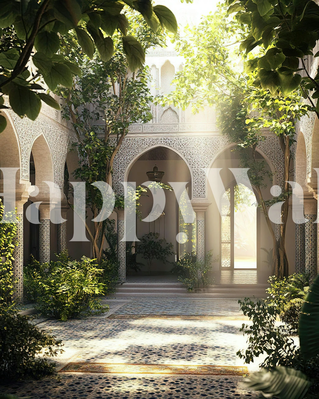Sunlit courtyard wallpaper in a bright room