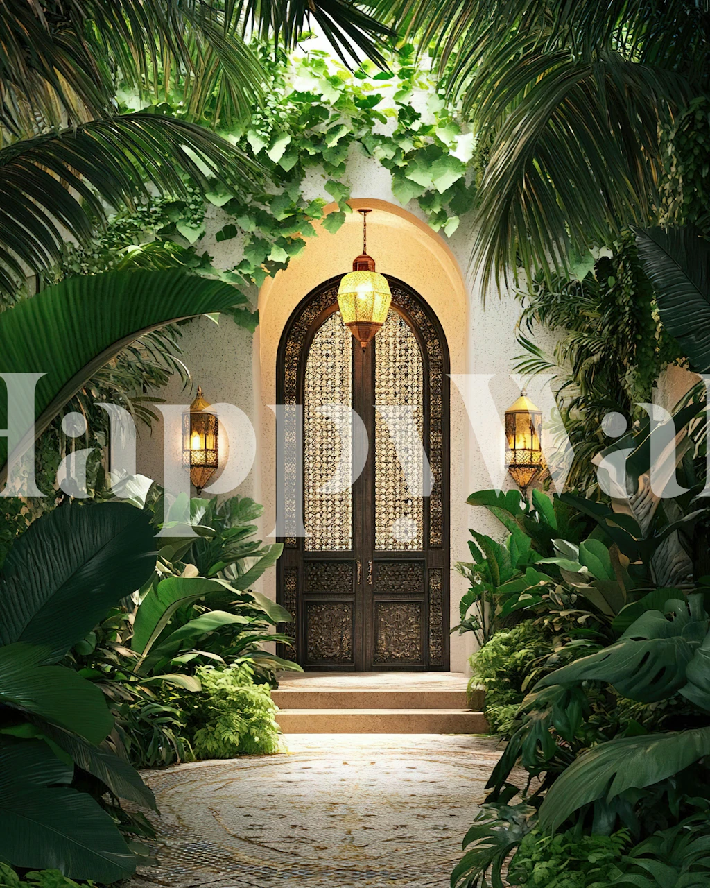 Tropical doorway wallpaper in a leafy room