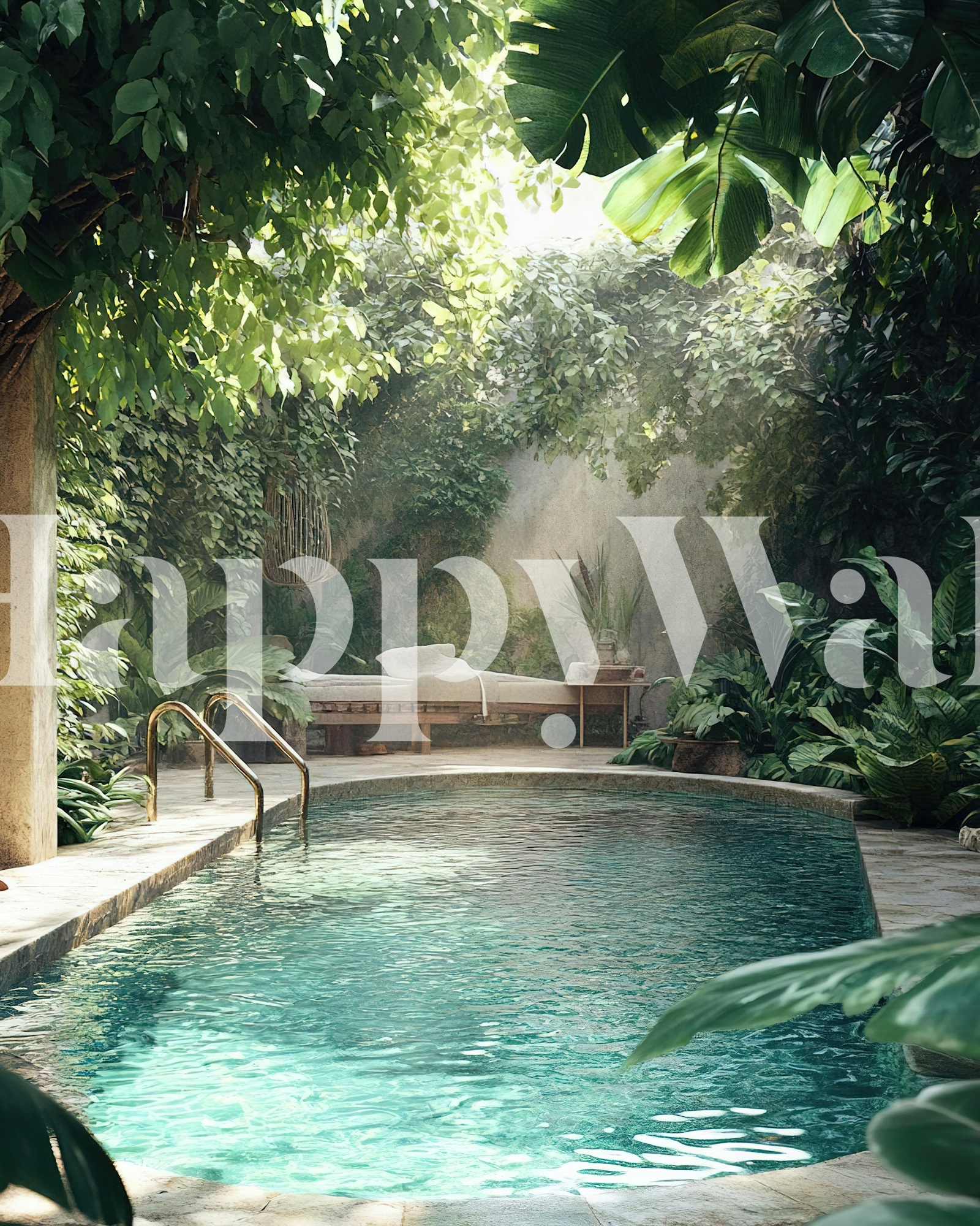 Tropical Courtyard Pool Wallpaper | HappyWall