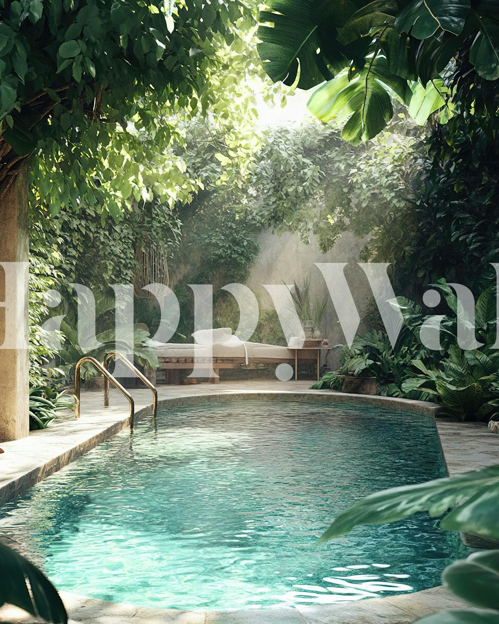 Tropical pool wallpaper in a lush green room