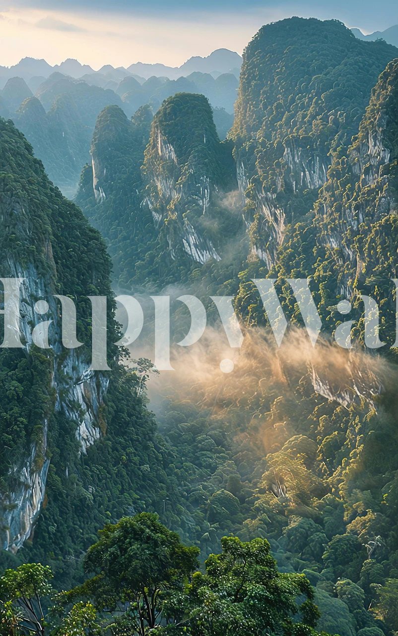 Misty karst mountain valley wallpaper in a room