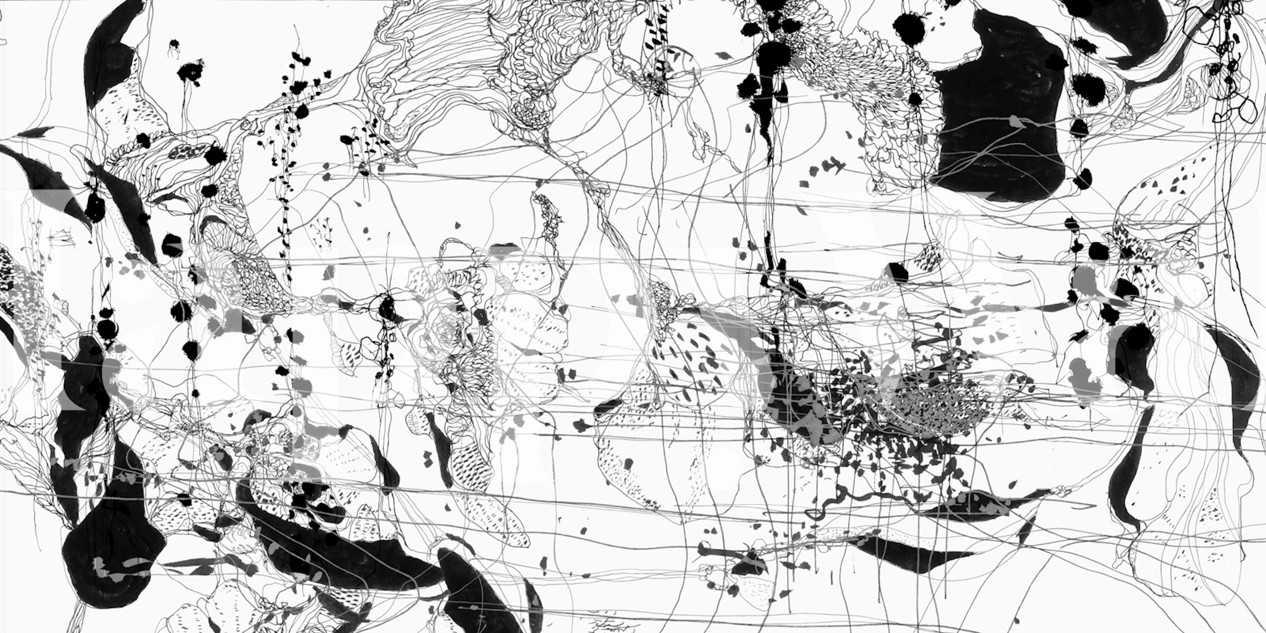 Abstract black and white linework wallpaper in a room