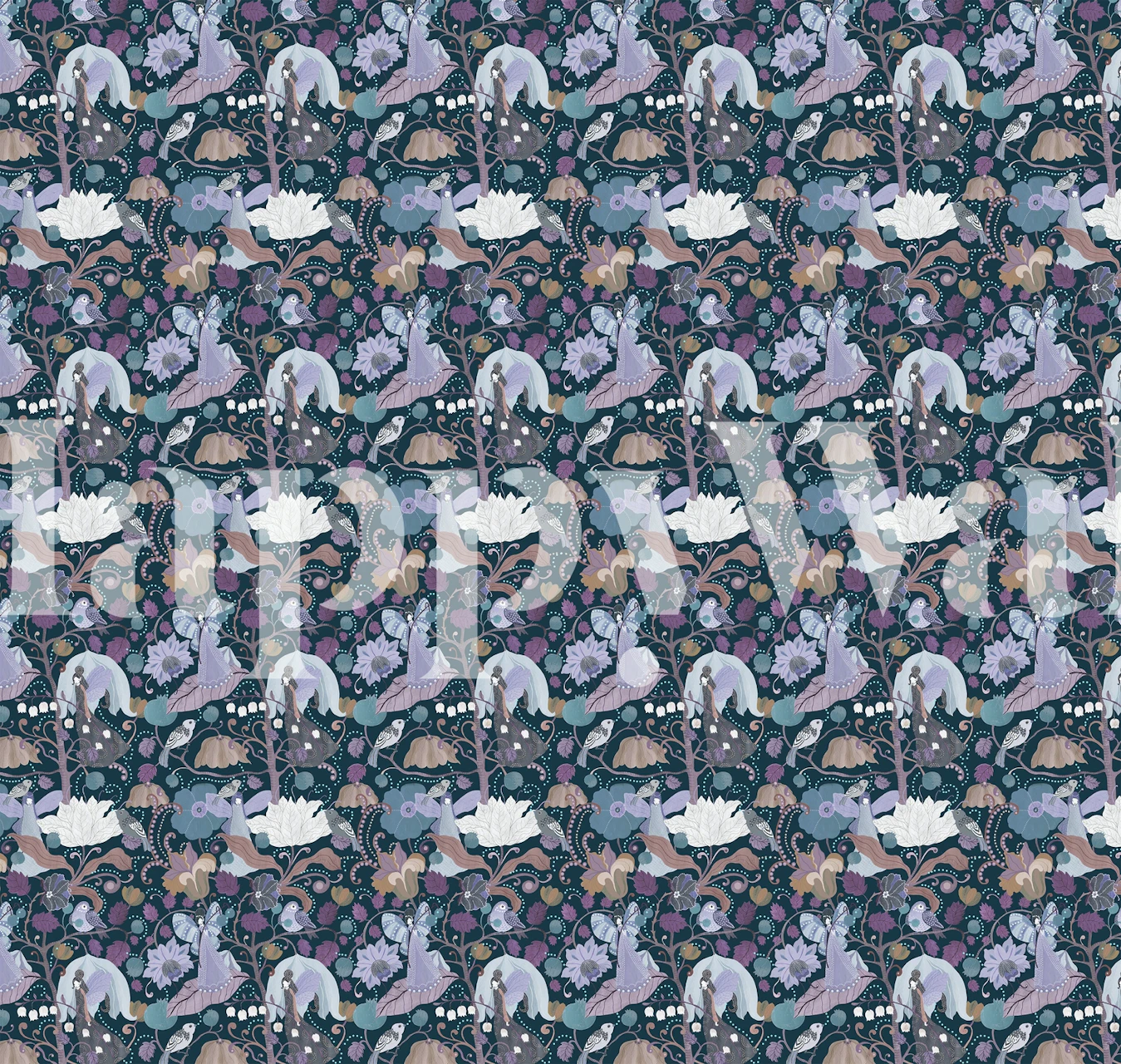 Colorful floral pattern in purple, blue, and cream wallpaper