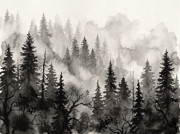 Misty Pine Forest Watercolor