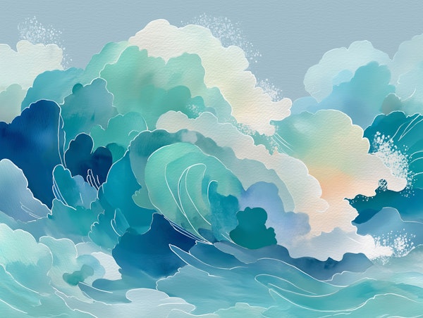Aqua Ocean Waves Watercolor