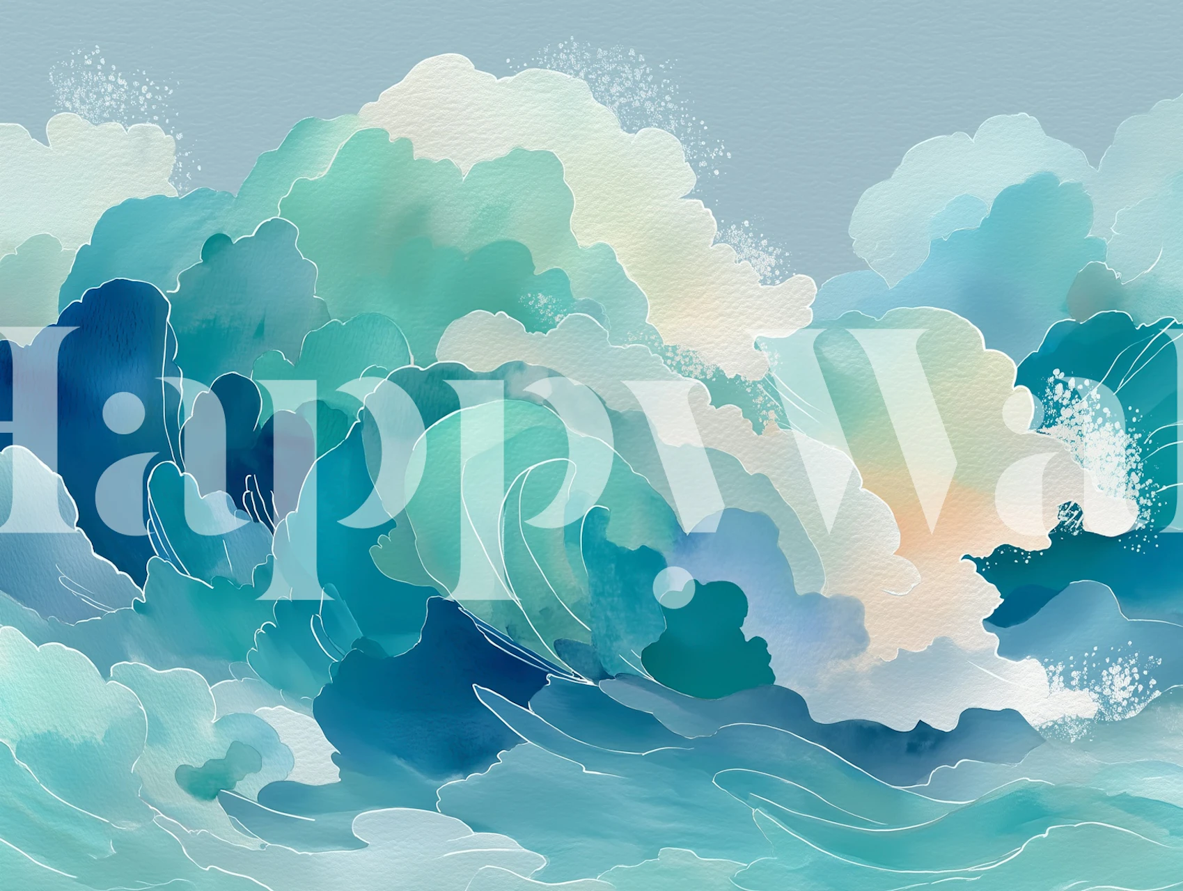 Aqua watercolor ocean waves wallpaper in a room