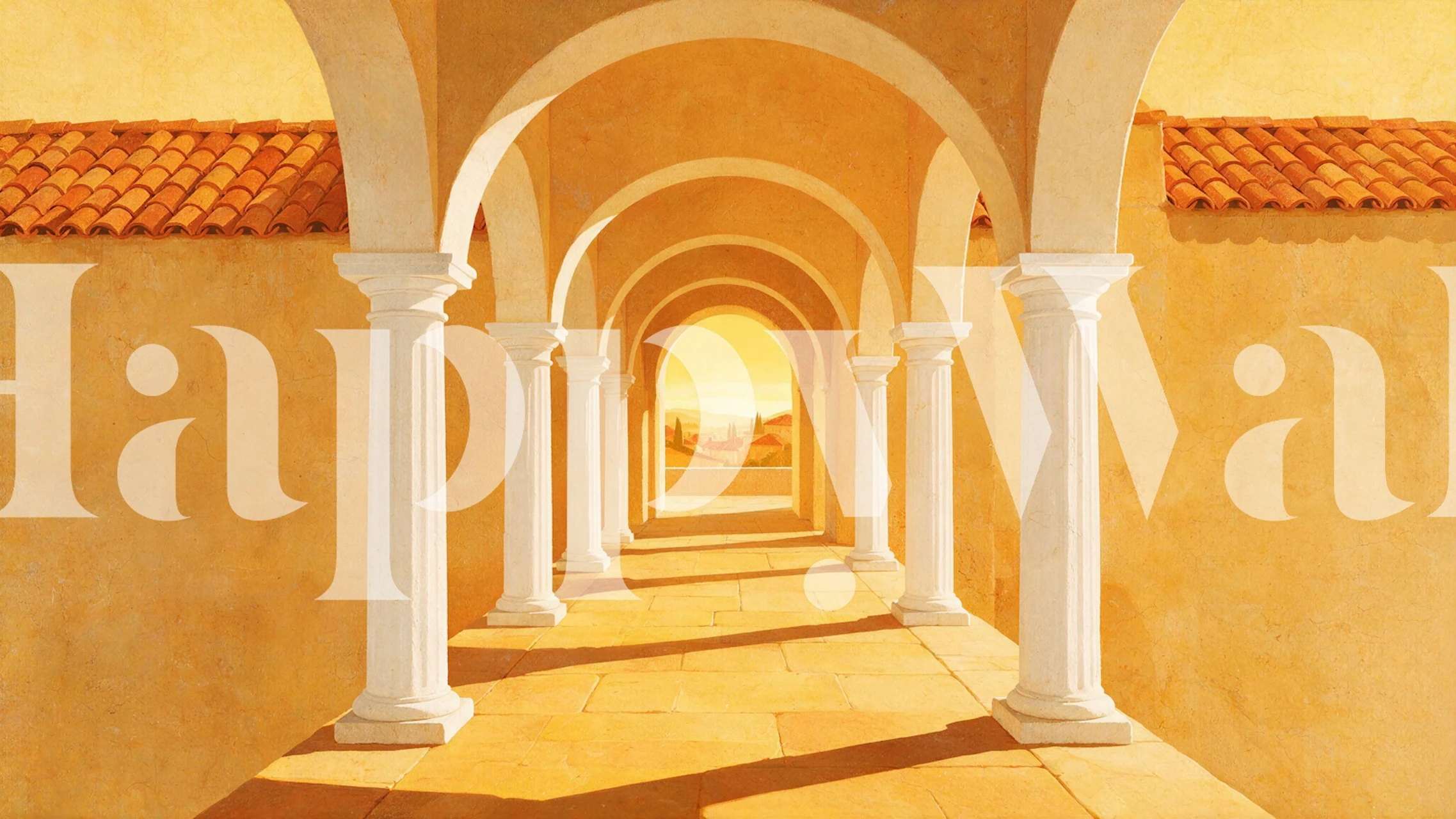 Sunlit Mediterranean arcade wallpaper in a room