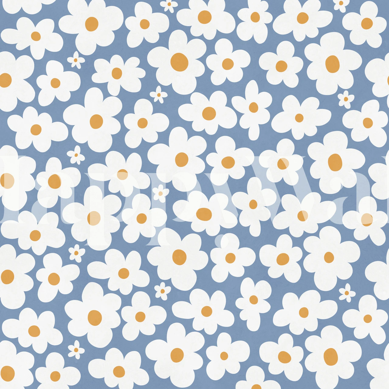 Blue room with retro daisy floral wallpaper