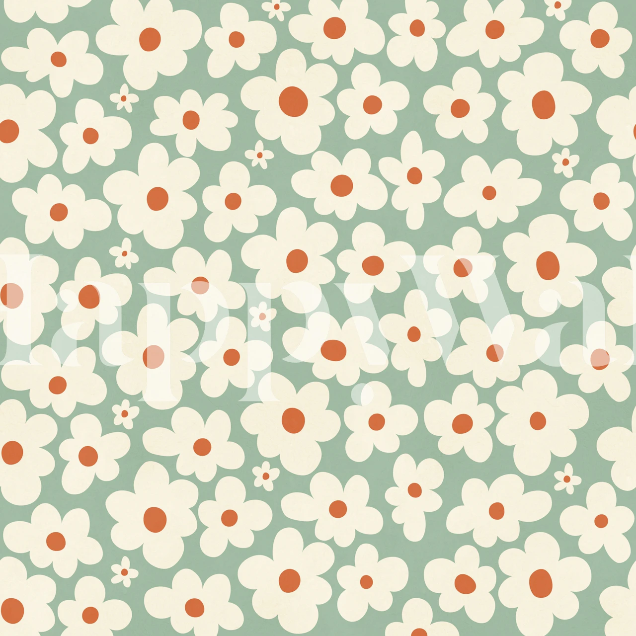 Retro daisy wallpaper in mint room setting