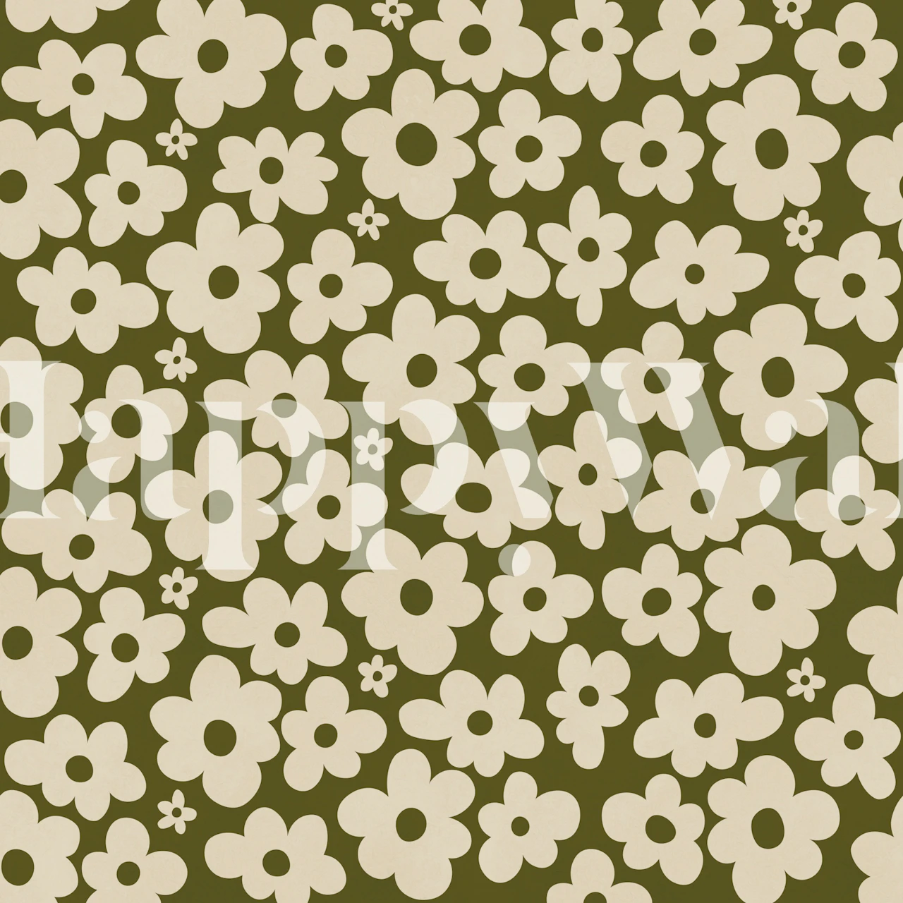 Retro daisy wallpaper in olive room