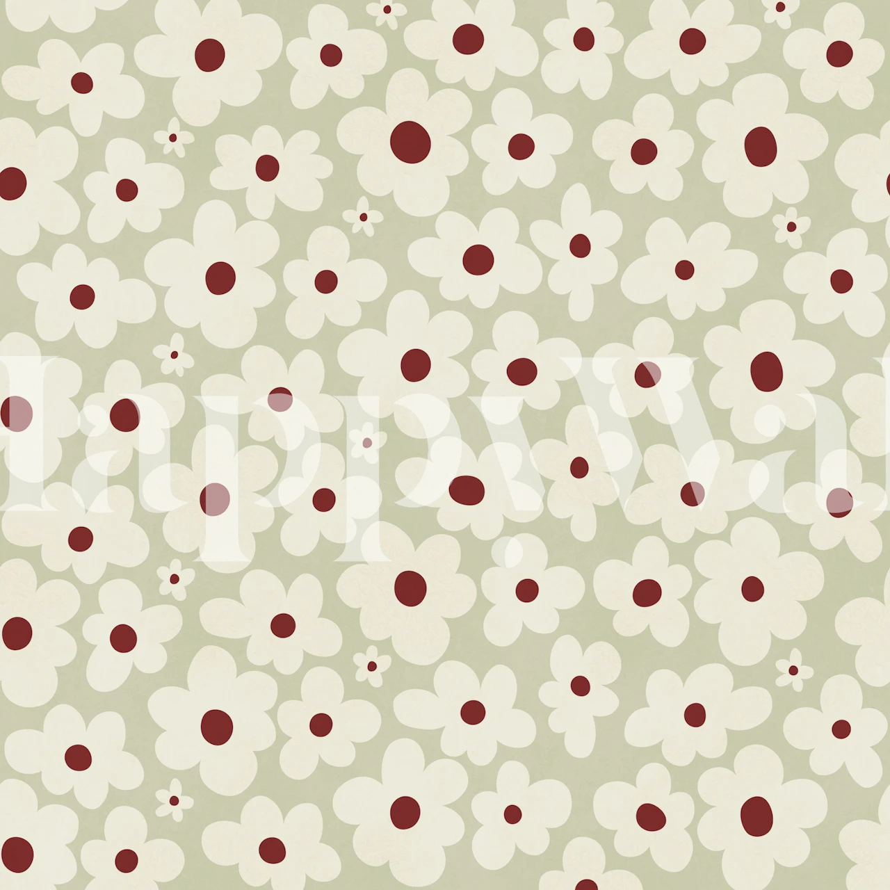 Retro daisy wallpaper in a sage green room