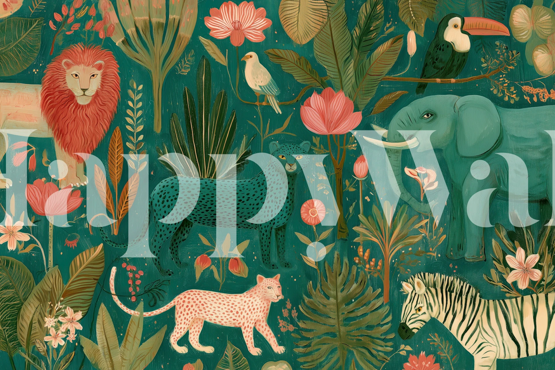 Tropical animal wallpaper in a styled room