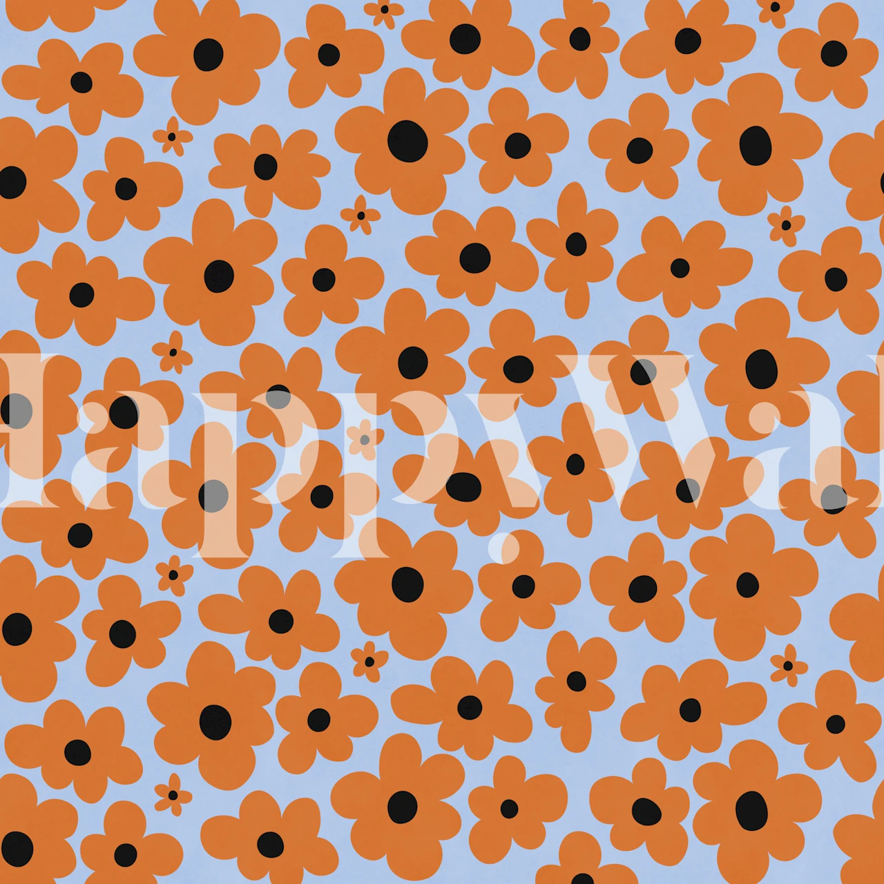 Retro orange flower wallpaper in a blue room