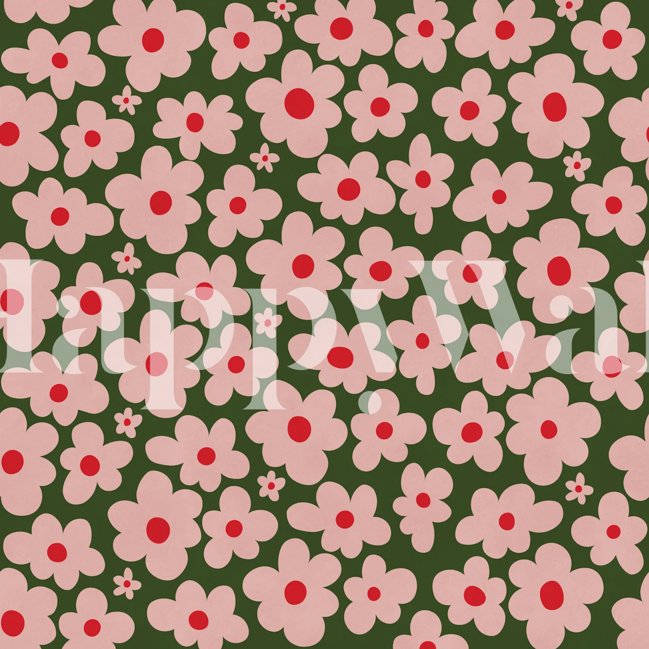 Pink daisy wallpaper in a room with olive background