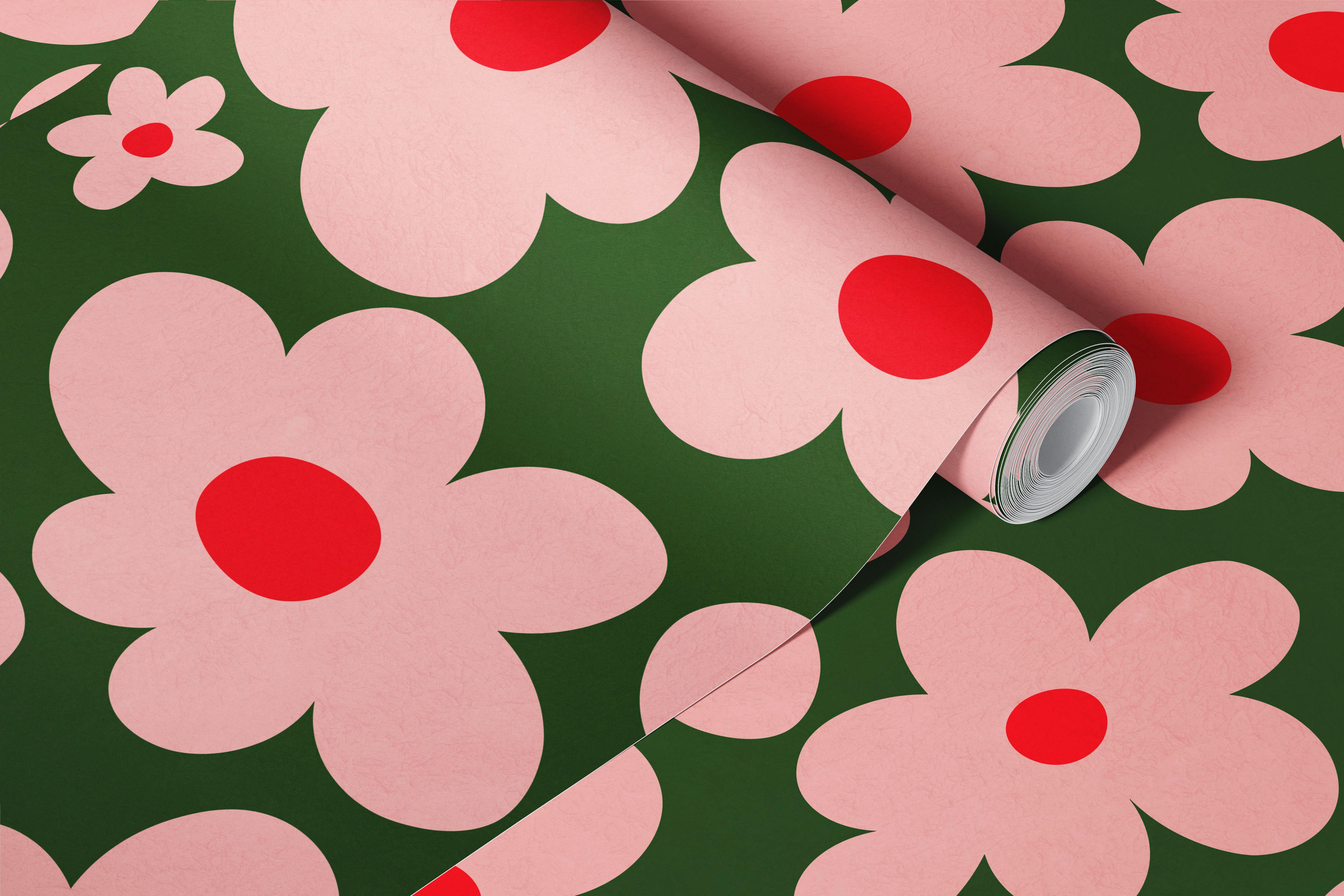 Retro pink daisy wallpaper in a room