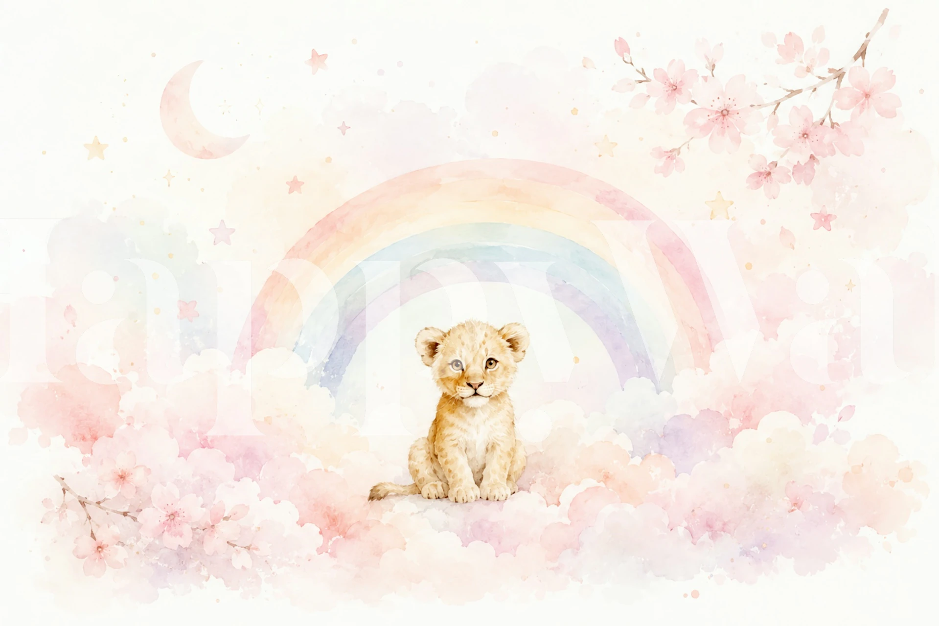 Lion cub rainbow wallpaper in pastel nursery room