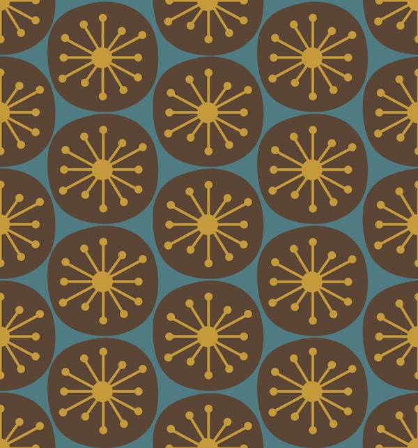 Midcentury Atomic Dots Teal Brown Mustard