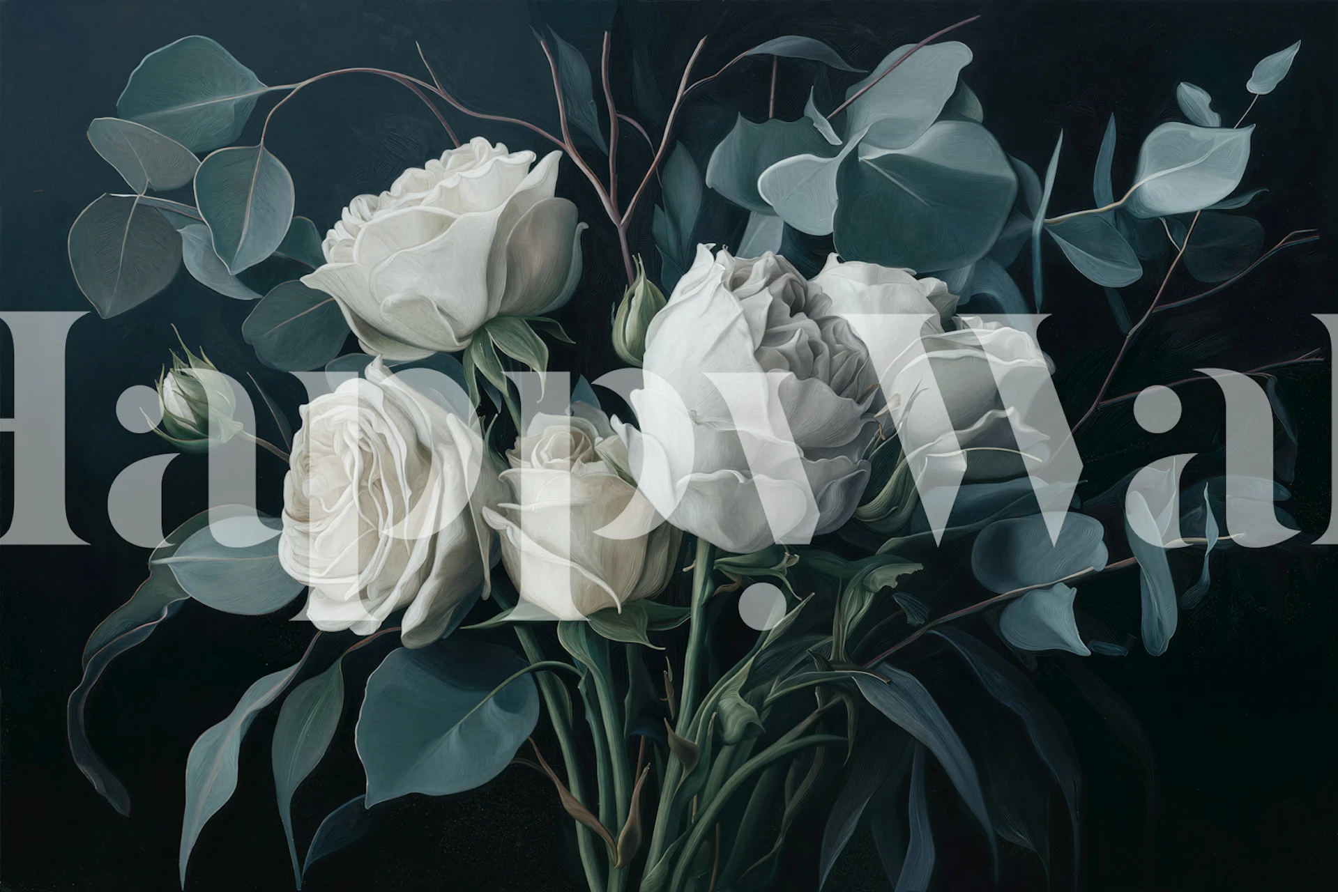 Moody white rose wallpaper in a dark room