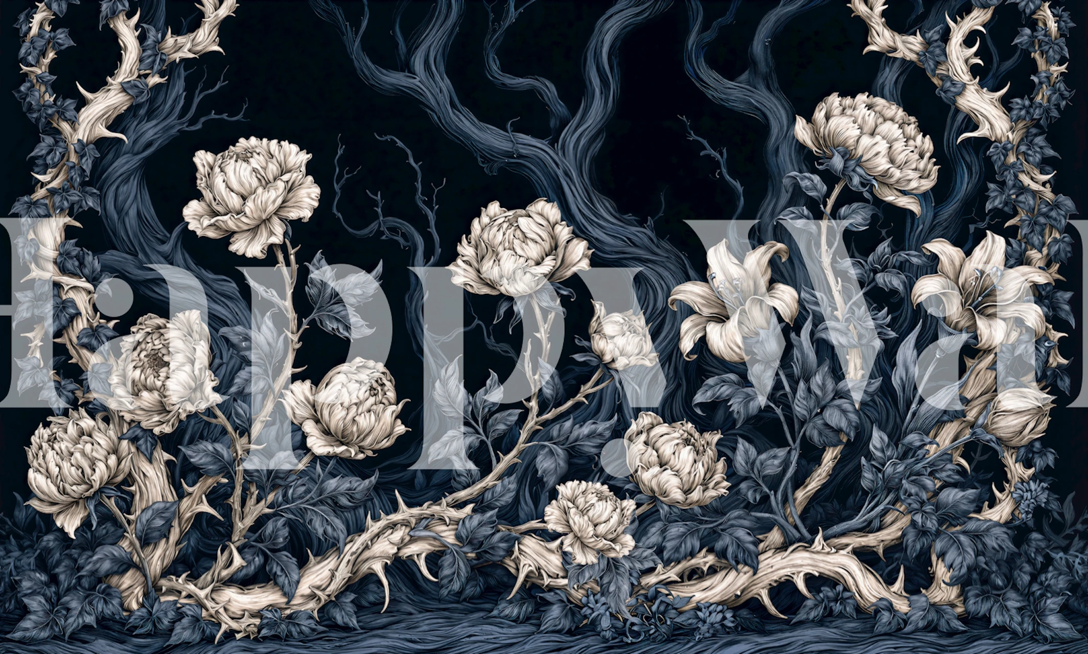 Dark gothic peony wallpaper in a room