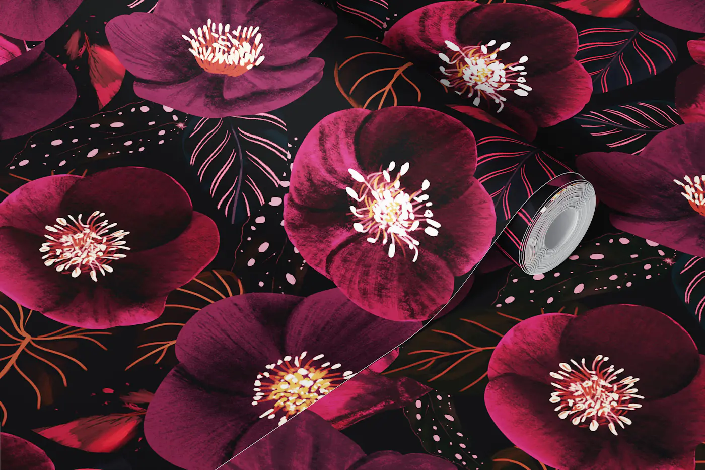 Midnight Dark Pink Flowers Pattern wallpaper roll