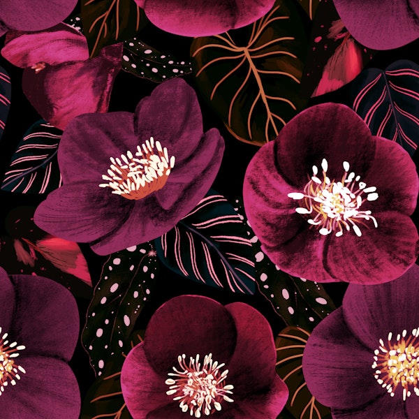 Midnight Dark Pink Flowers Pattern