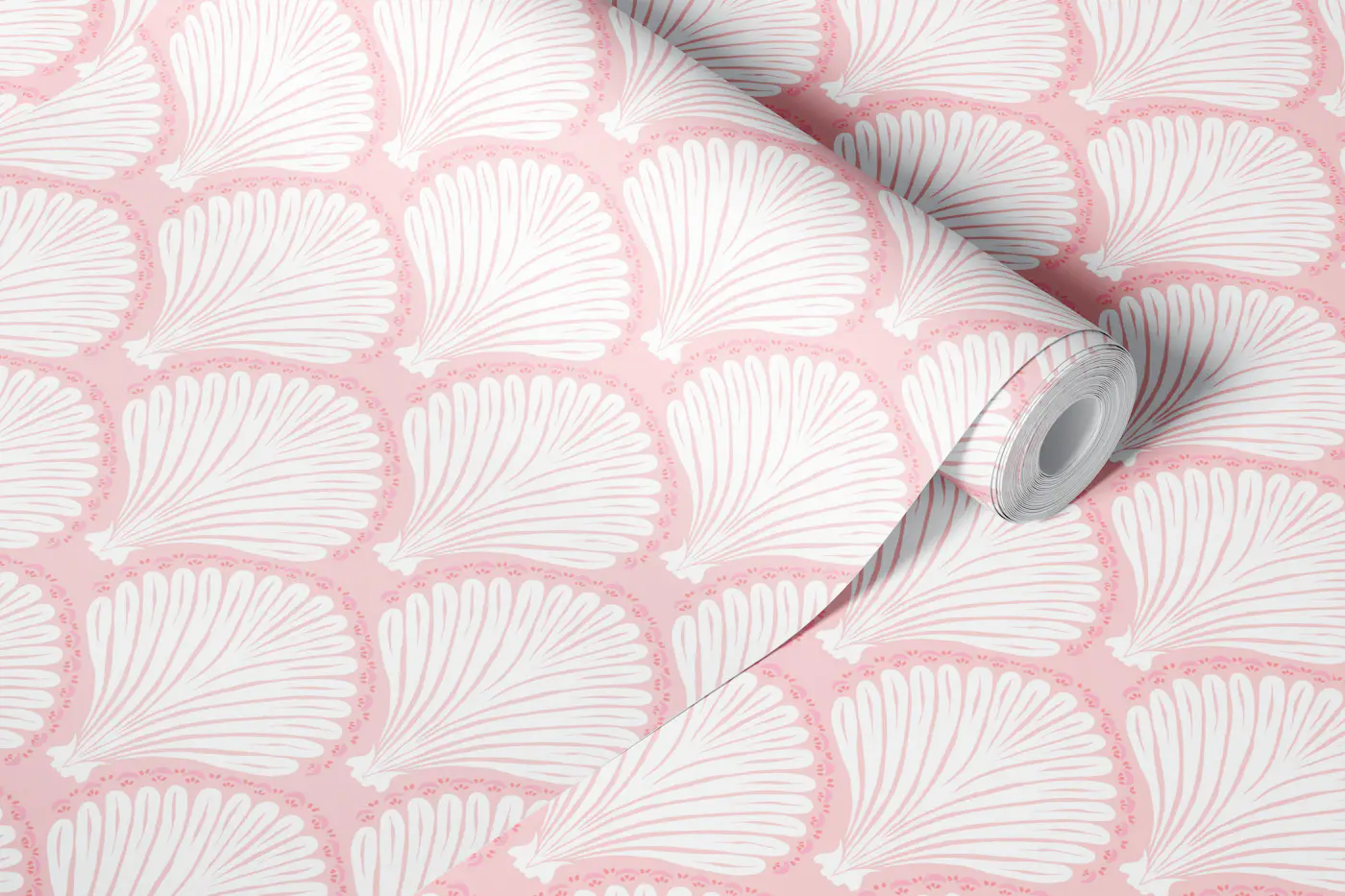 Coastal Seashell Ogee in Pink white wallpaper roll