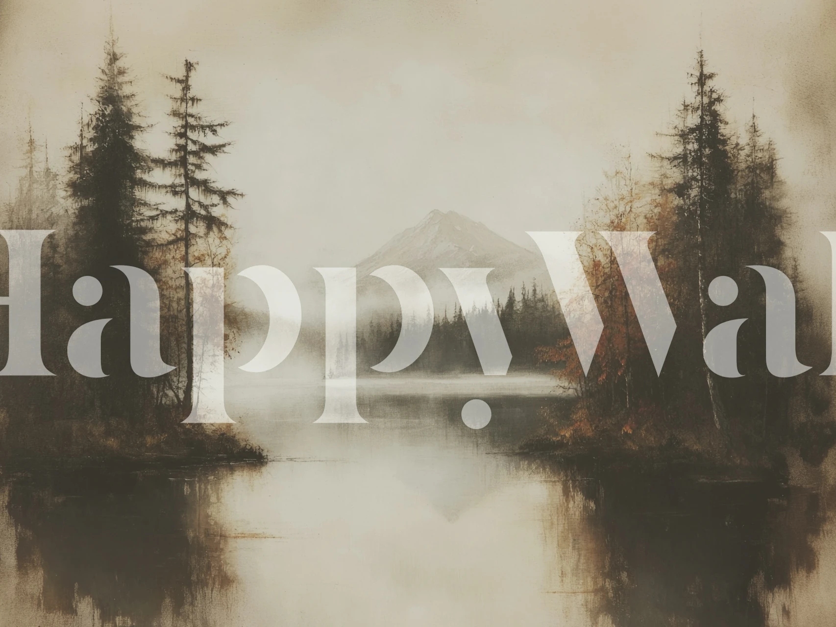 Misty mountain lake wallpaper in a calm room