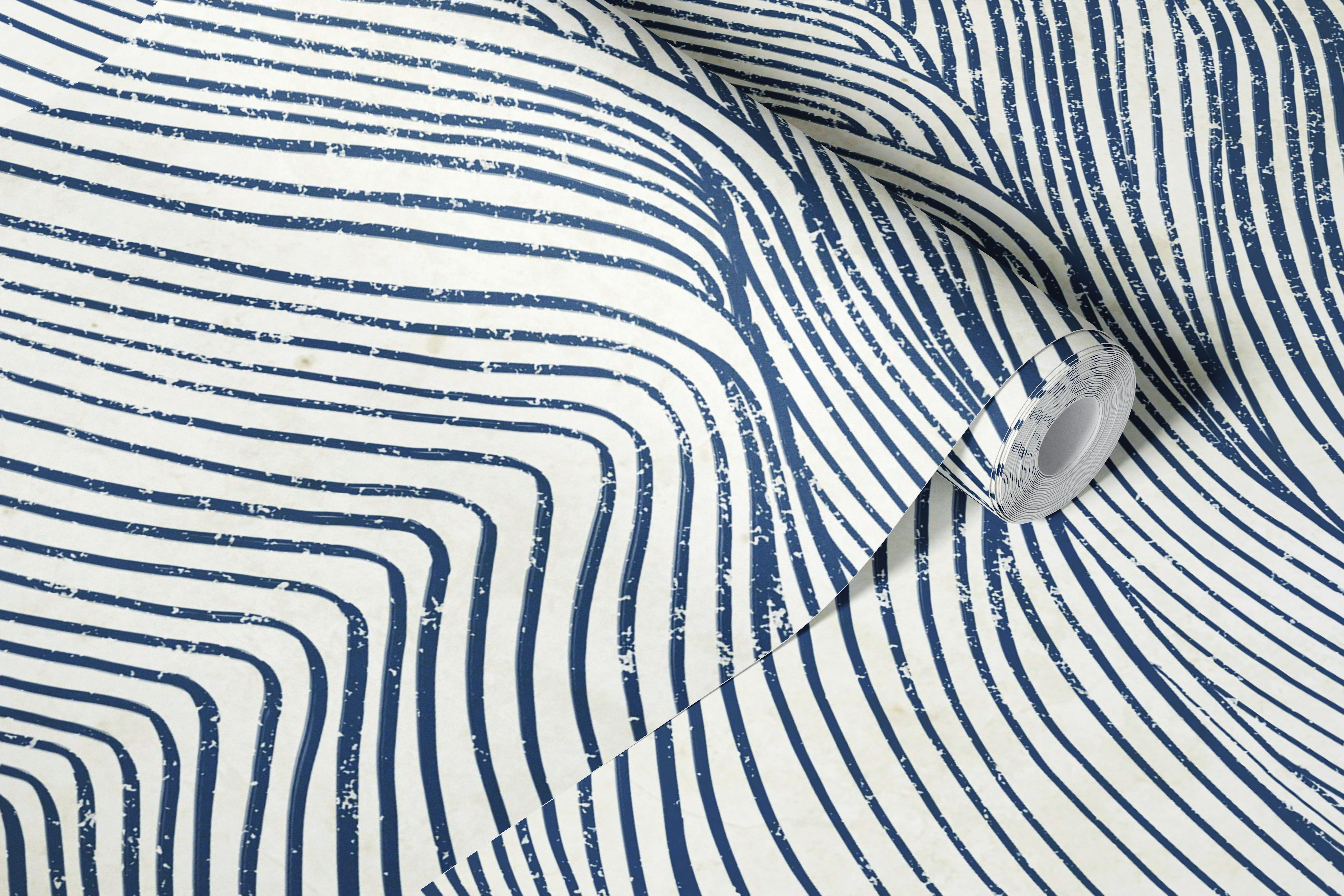 Blue wave wallpaper in a calm Japandi room