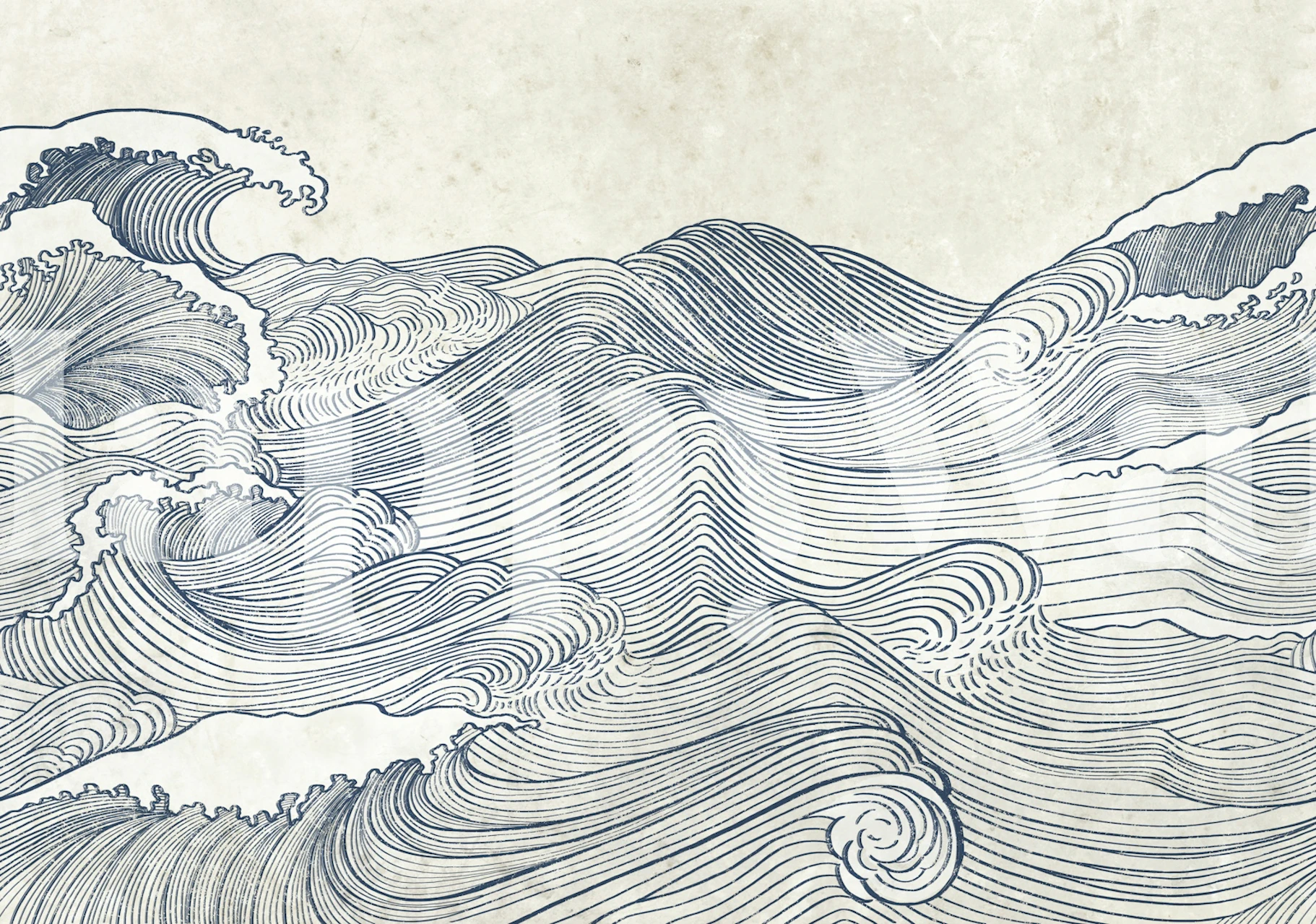 Blue wave line art wallpaper in a beige room