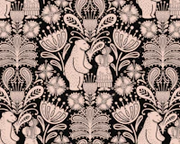 Folk Bear and Girl Woodland Blush Black wallpaper