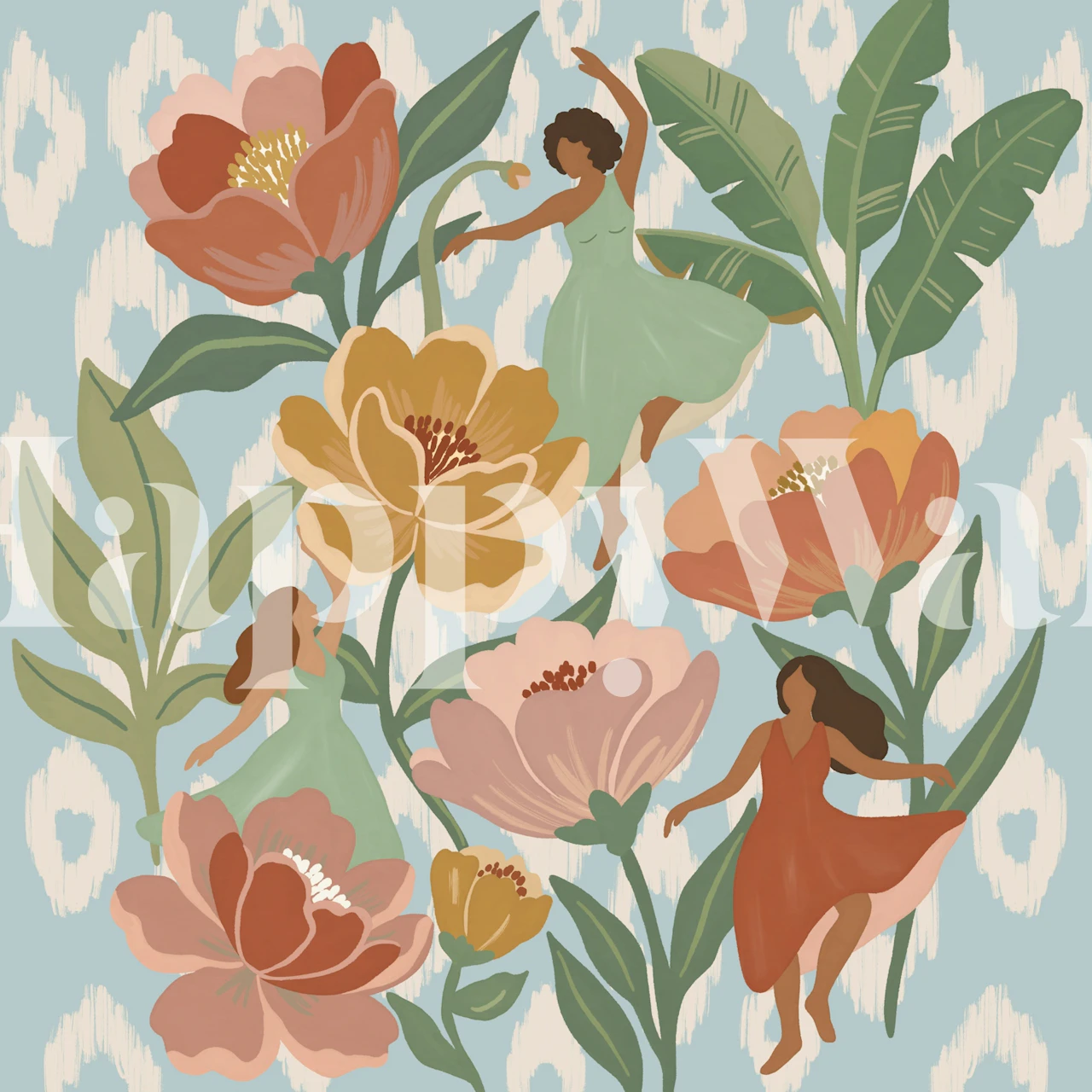 Boho floral women dancing wallpaper in room