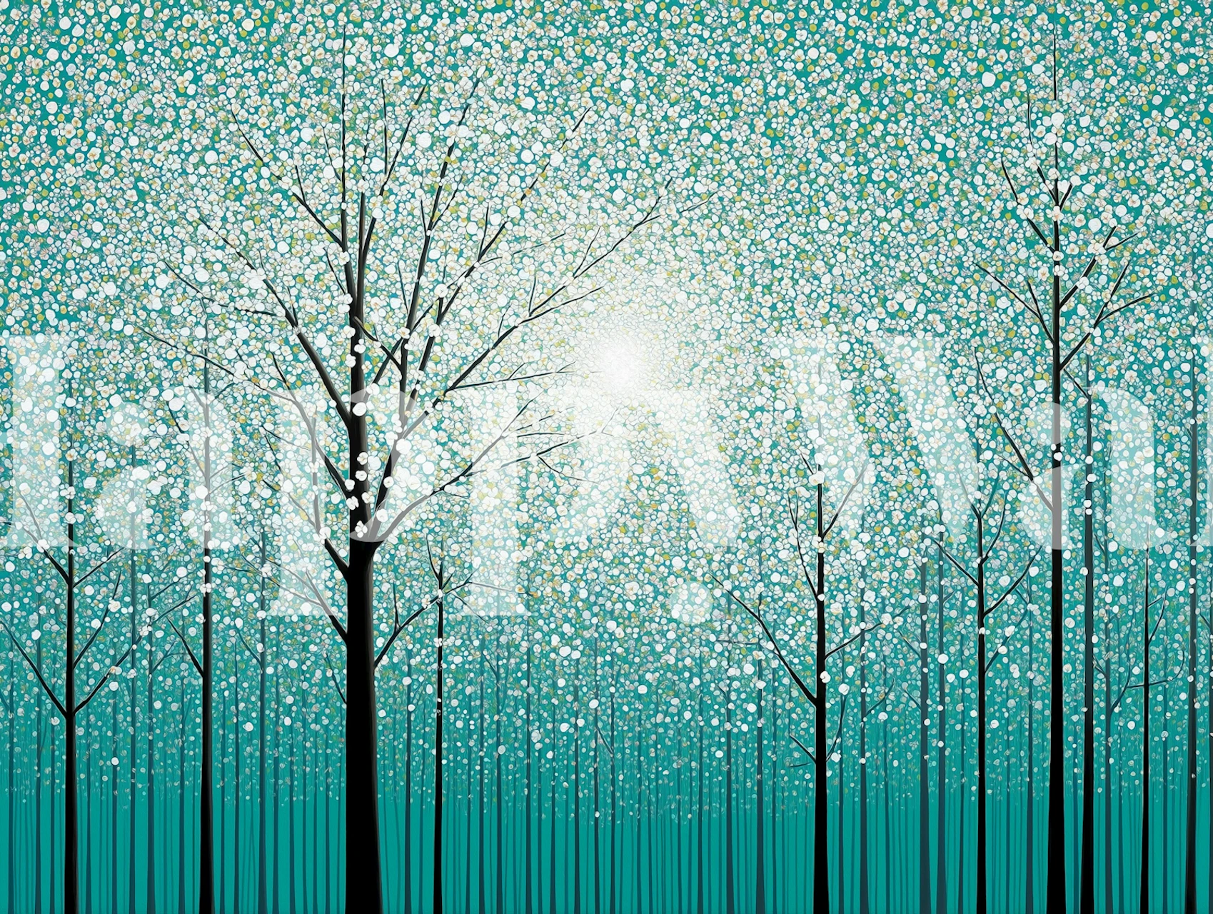 Teal forest wallpaper with blossom trees