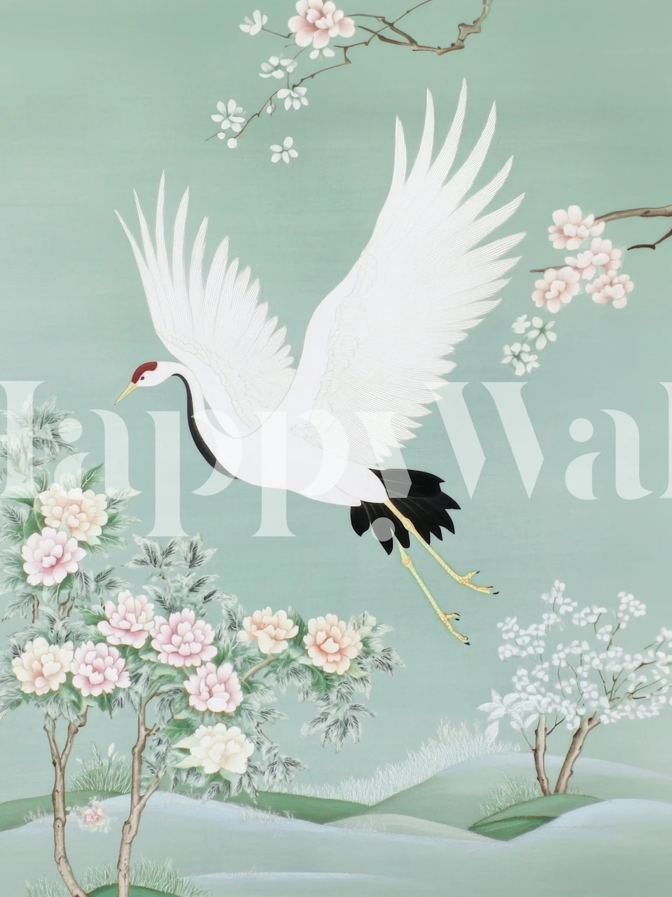 White crane wallpaper in room with blossom trees